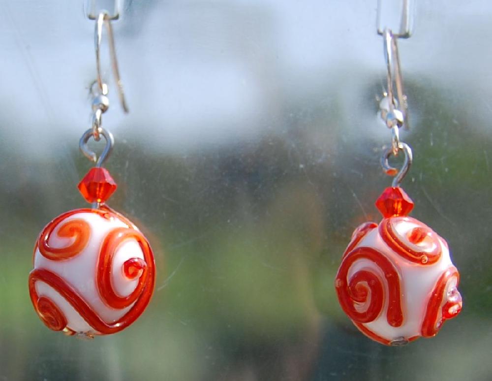 Earrings, white and red