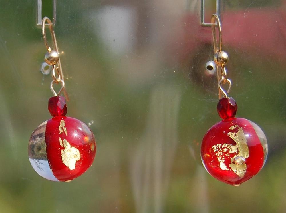 Earrings, gold and red