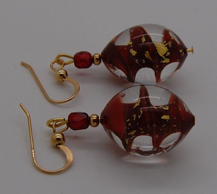 Earrings, gold and red spiral