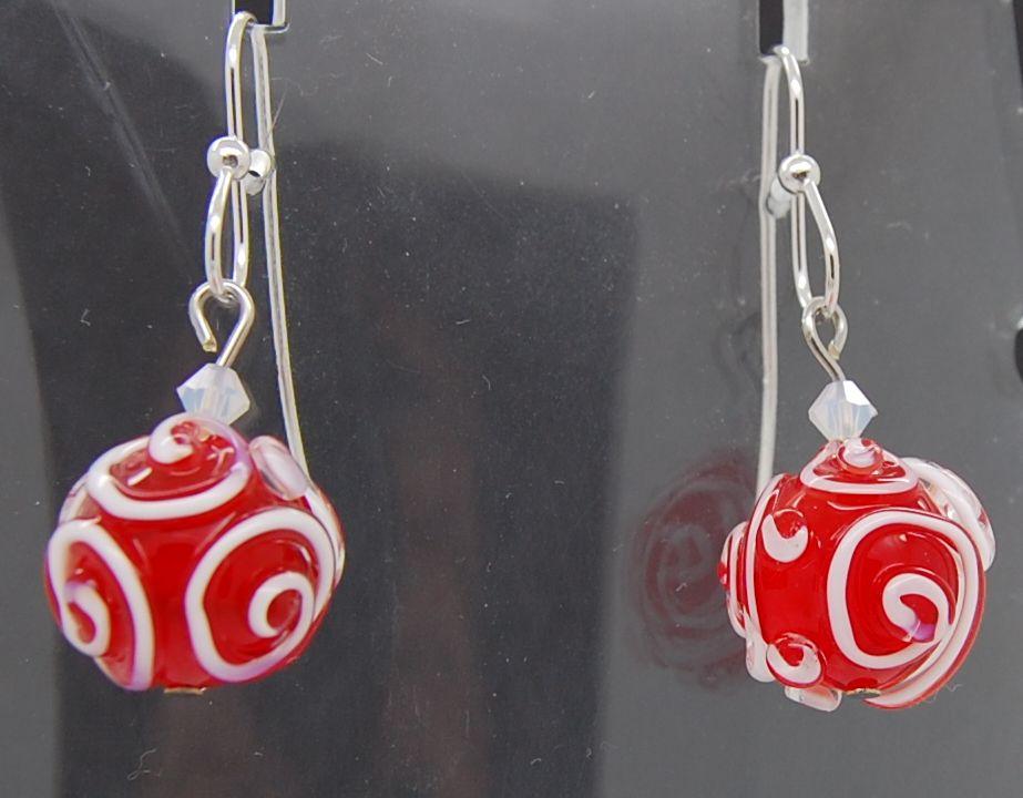 Earrings, red and white