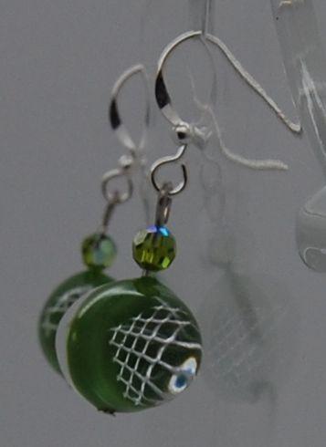 Earrings, silver grid and green