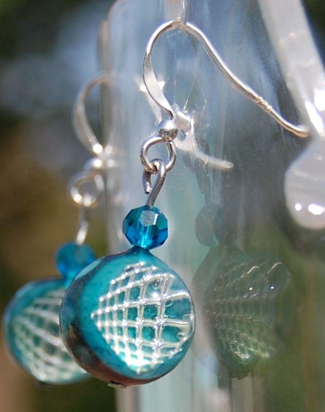 Earrings, silver grid and blue