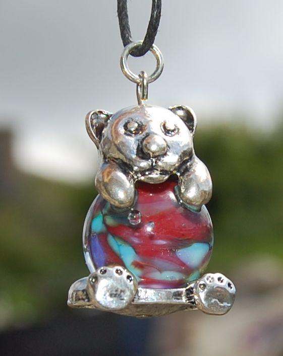 Panda pendant in red and turquoise