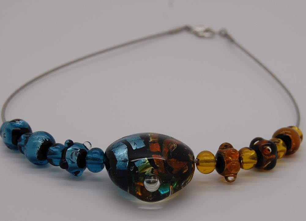 Necklace silver and transparency, blue and amber
