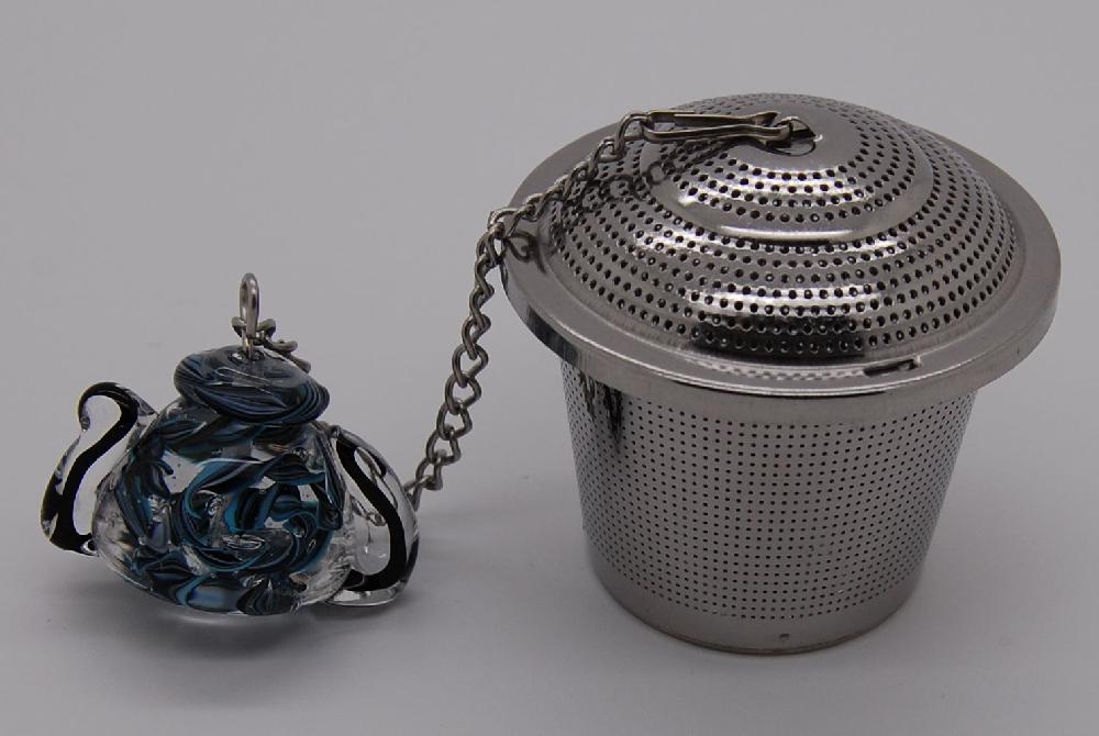 Tea infuser, teapot, turquoise/blue/white lines